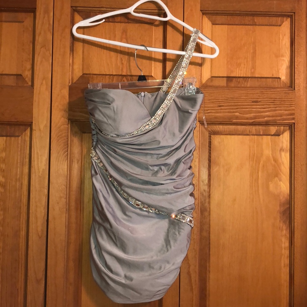 Atria Couture- blinged off shoulder cocktail dress